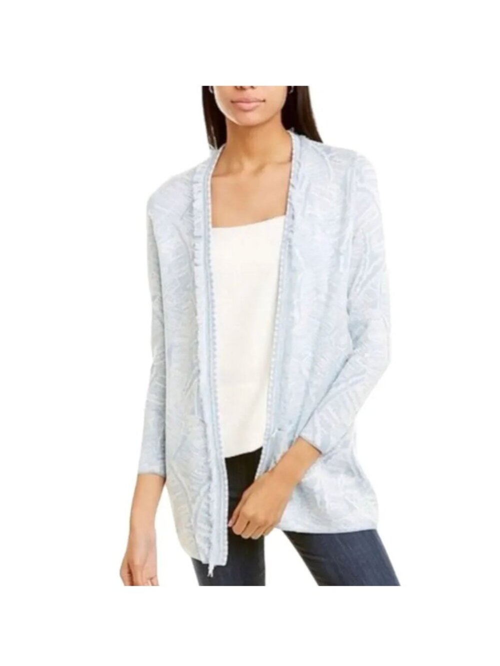 J. McLaughlin Marguerite Icy Blue Geo Print Fringe Trim Cardigan Sweater M